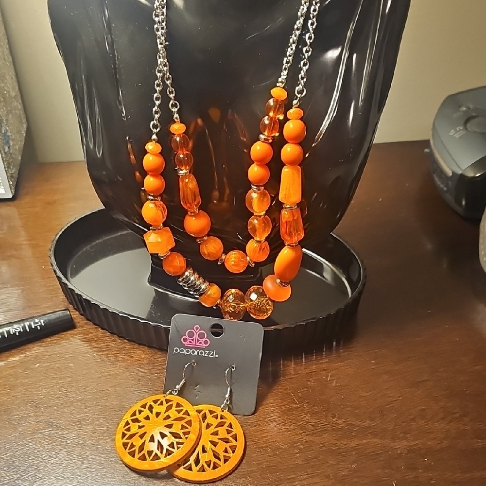 Paparazzi Orange Beaded Necklace and Earring Set